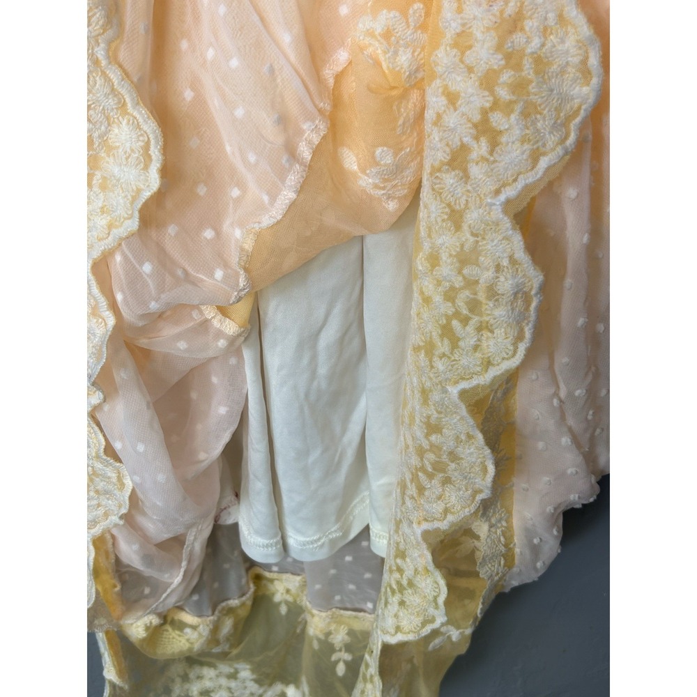 Yellow Pink Maxi Dress Polka Dots Floral Lace Smocked Waist Flutter Sleeve Small - Picture 4 of 10